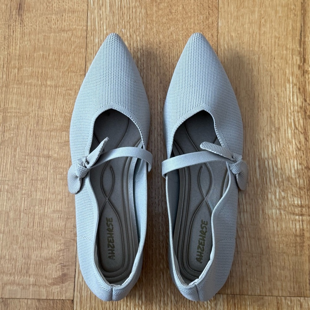 Women's Beige Pointed-Toe Mary Jane Knit Flats With Bow, Size 9 - Picture 2 of 14